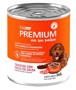 Premium Lata Cachorro En Su Salsa Trocitos De Pollo 340 Gr