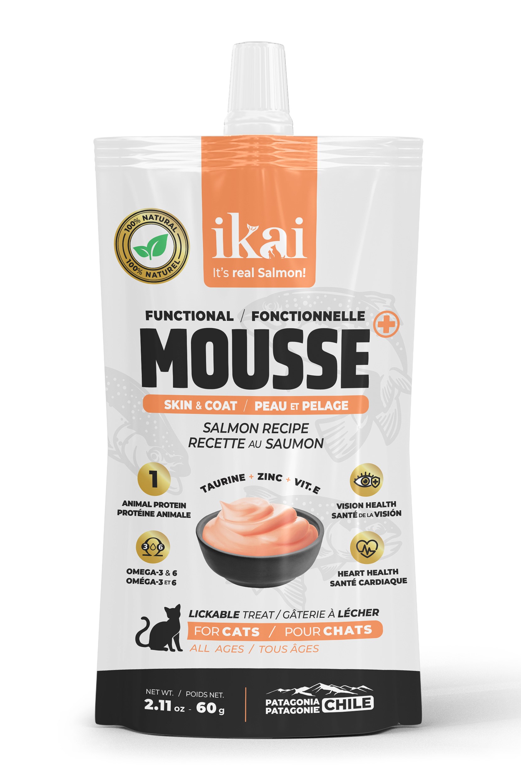 Ikai Mousse De Salmón Piel y Pelaje Para Gato 60 Gr