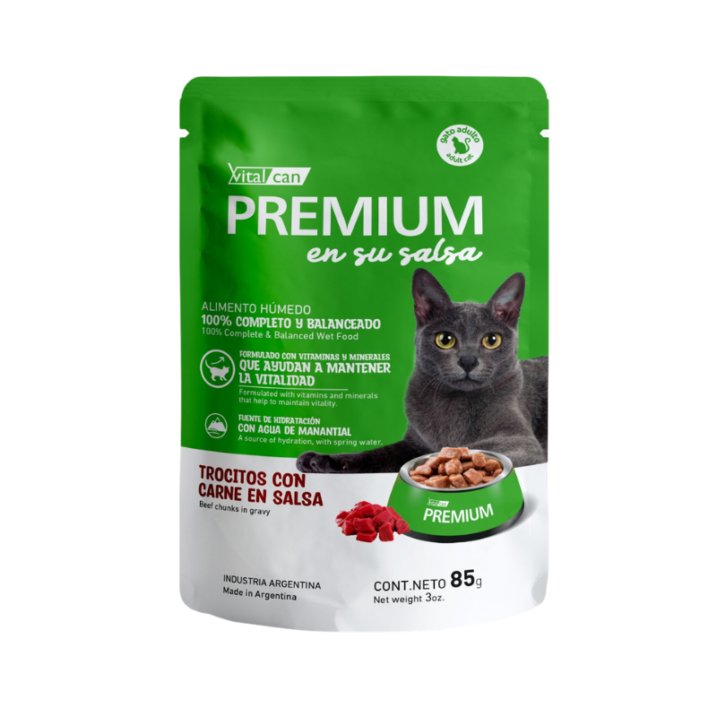 Premium Pouch Gato Adulto En Su Salsa Trocitos De Carne 85 Gr