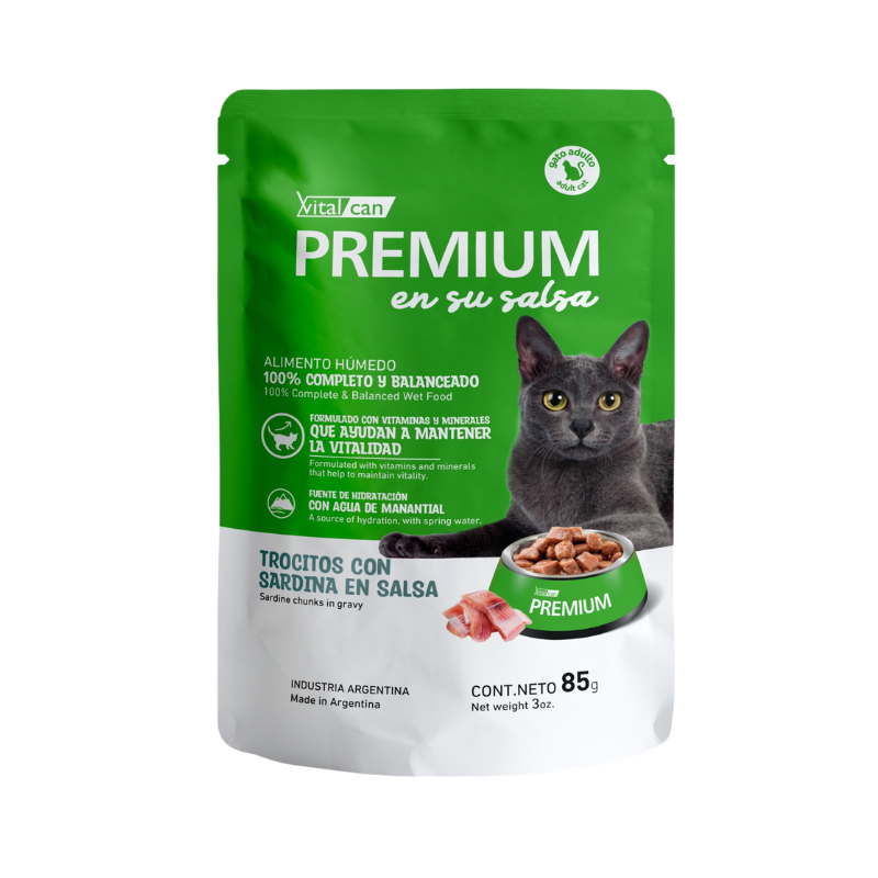 Premium Pouch Gato Adulto En Su Salsa Trocitos De Sardina 85 Gr