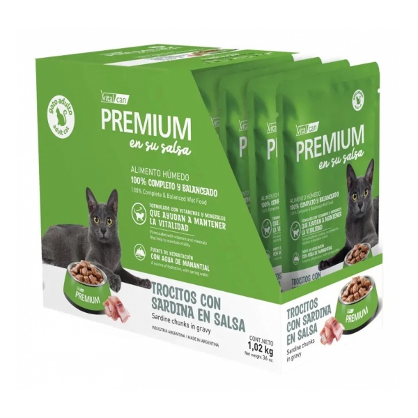 Pack 12 Pouch Premium Gato Adulto En Su Salsa Trocitos De Carne 85 Gr