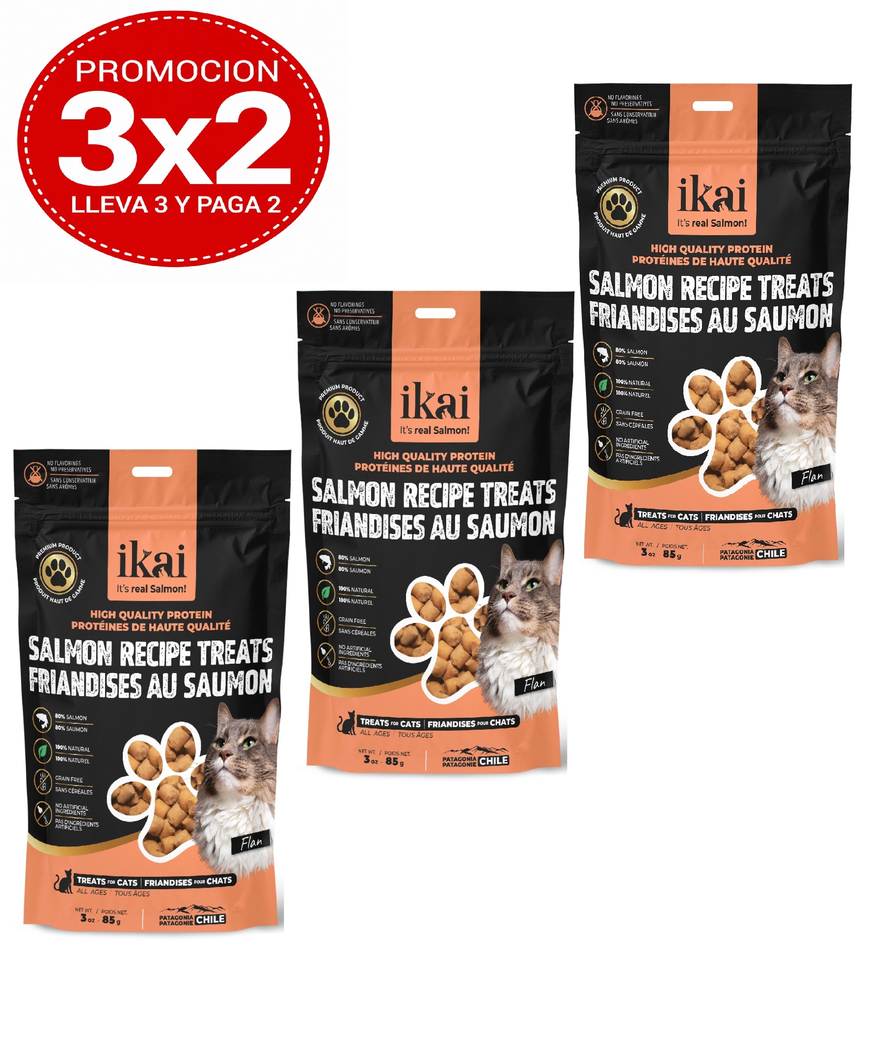 Pack 3x2 Ikai Snack Horneados de Salmón Para Gato 85 Gr
