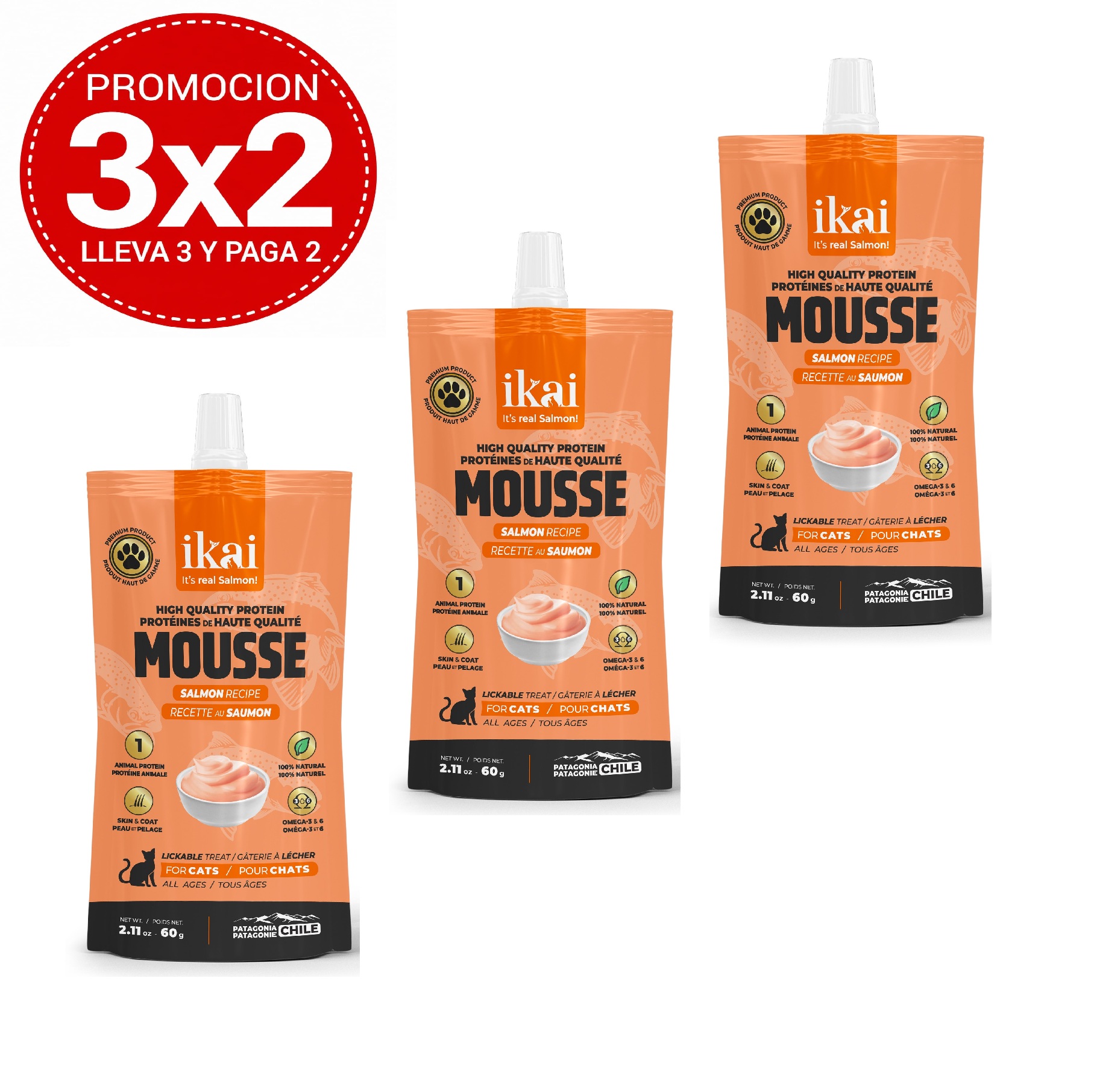 Pack 3x2 Ikai Mousse De Salmón Para Gatos 60 Gr