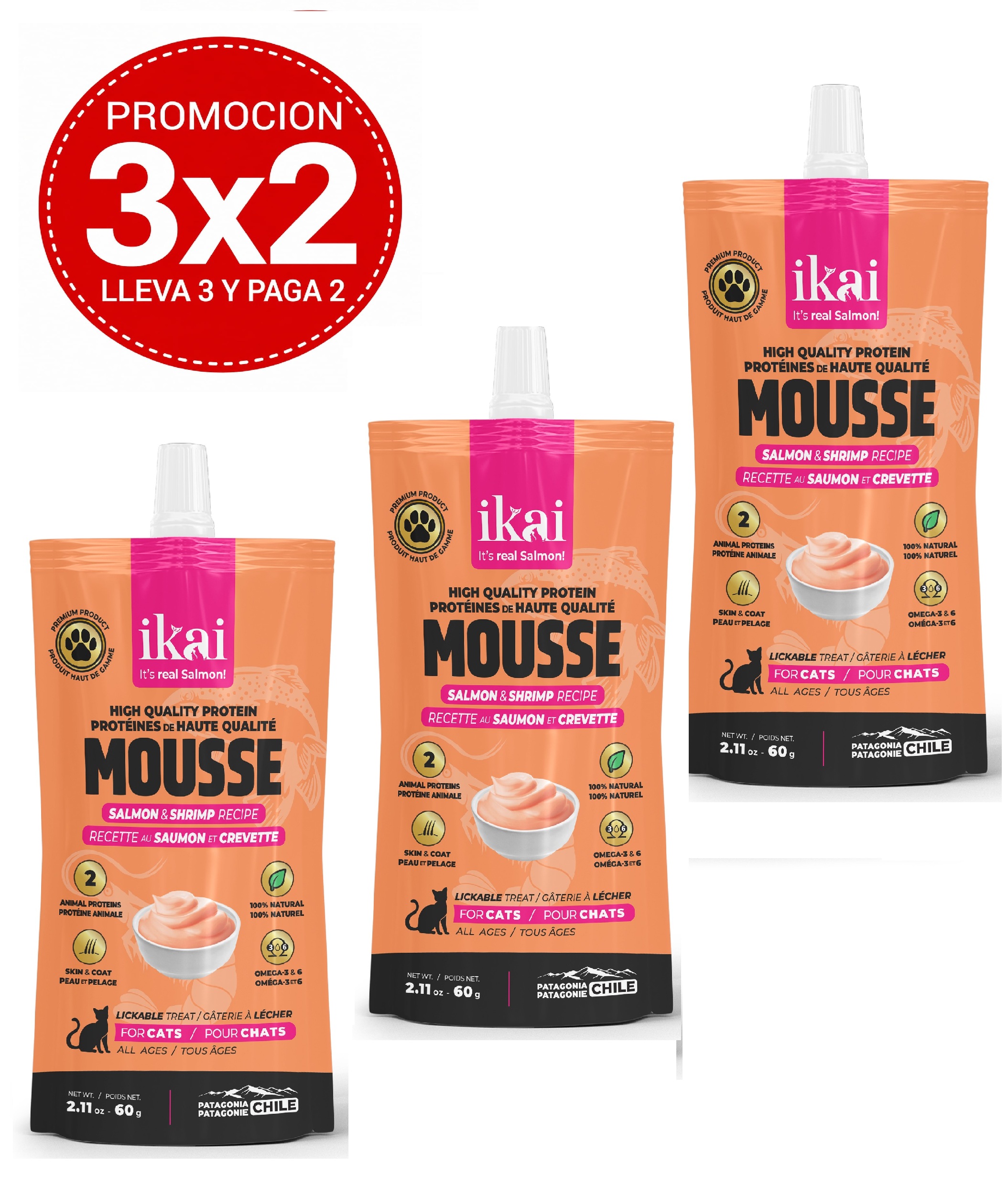 Pack 3x2 Ikai Mousse De Salmón & Camaron para Gato 60 Gr