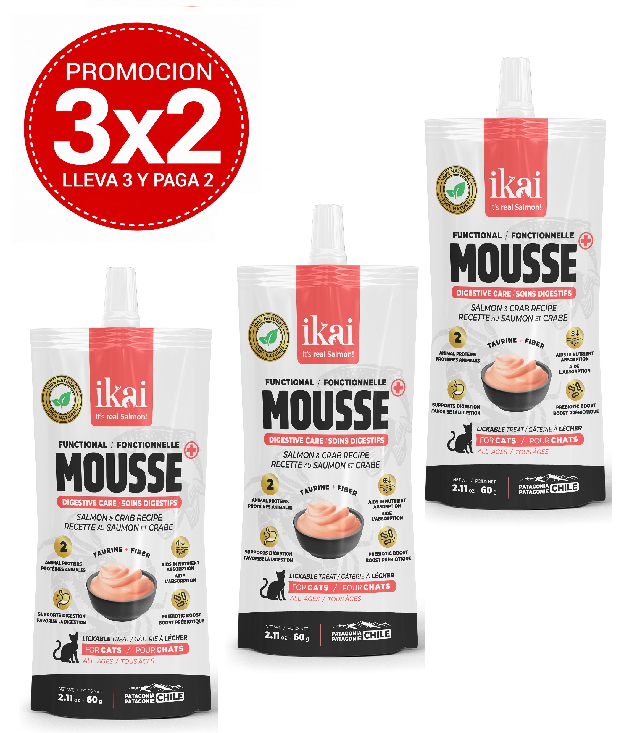 Pack 3x2 Ikai Mousse De Cangrejo Cuidado Digestivo Para Gato 60 Gr
