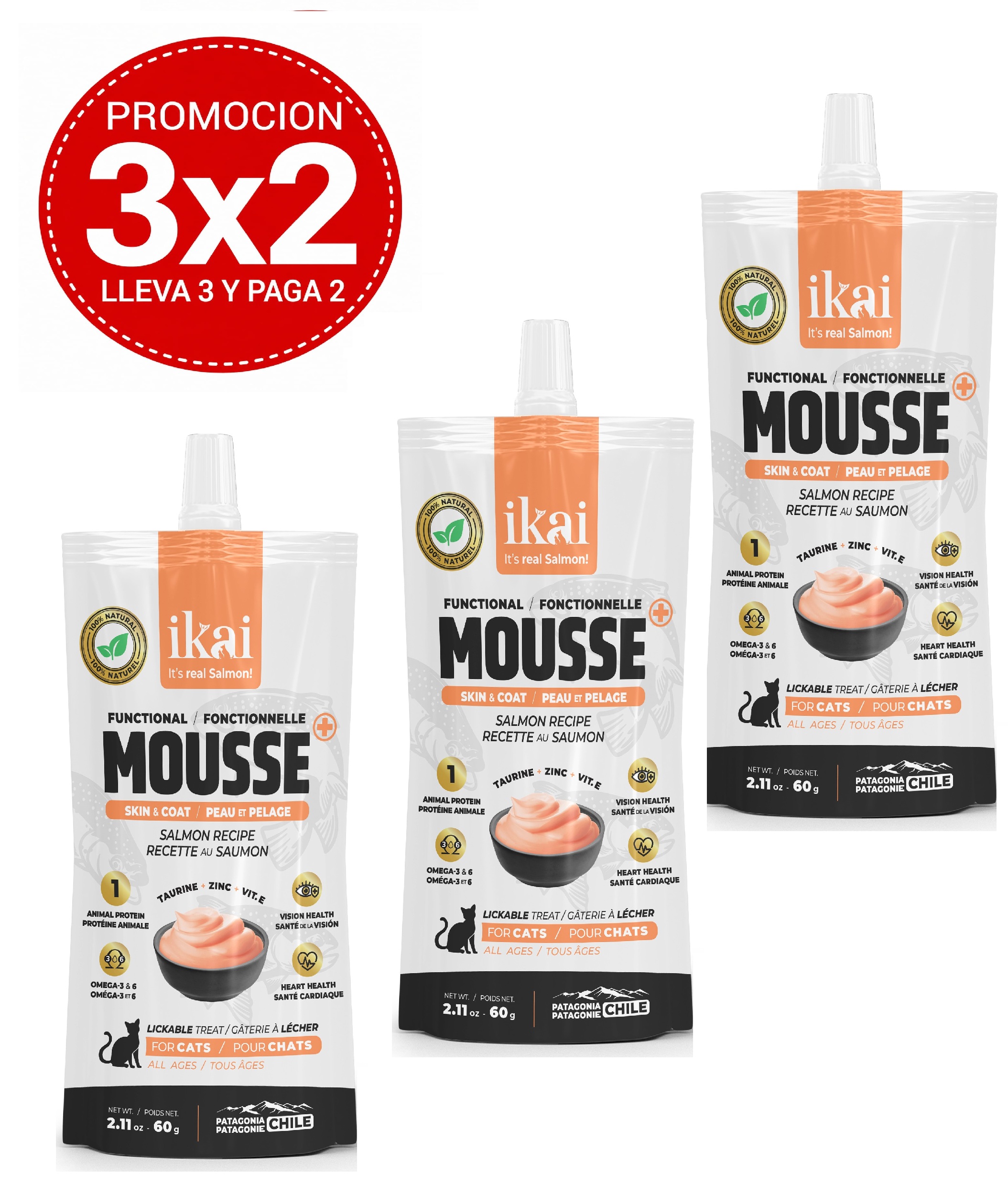 Pack 3x2 Ikai Mousse De Salmón Piel y Pelaje Para Gato 60 Gr
