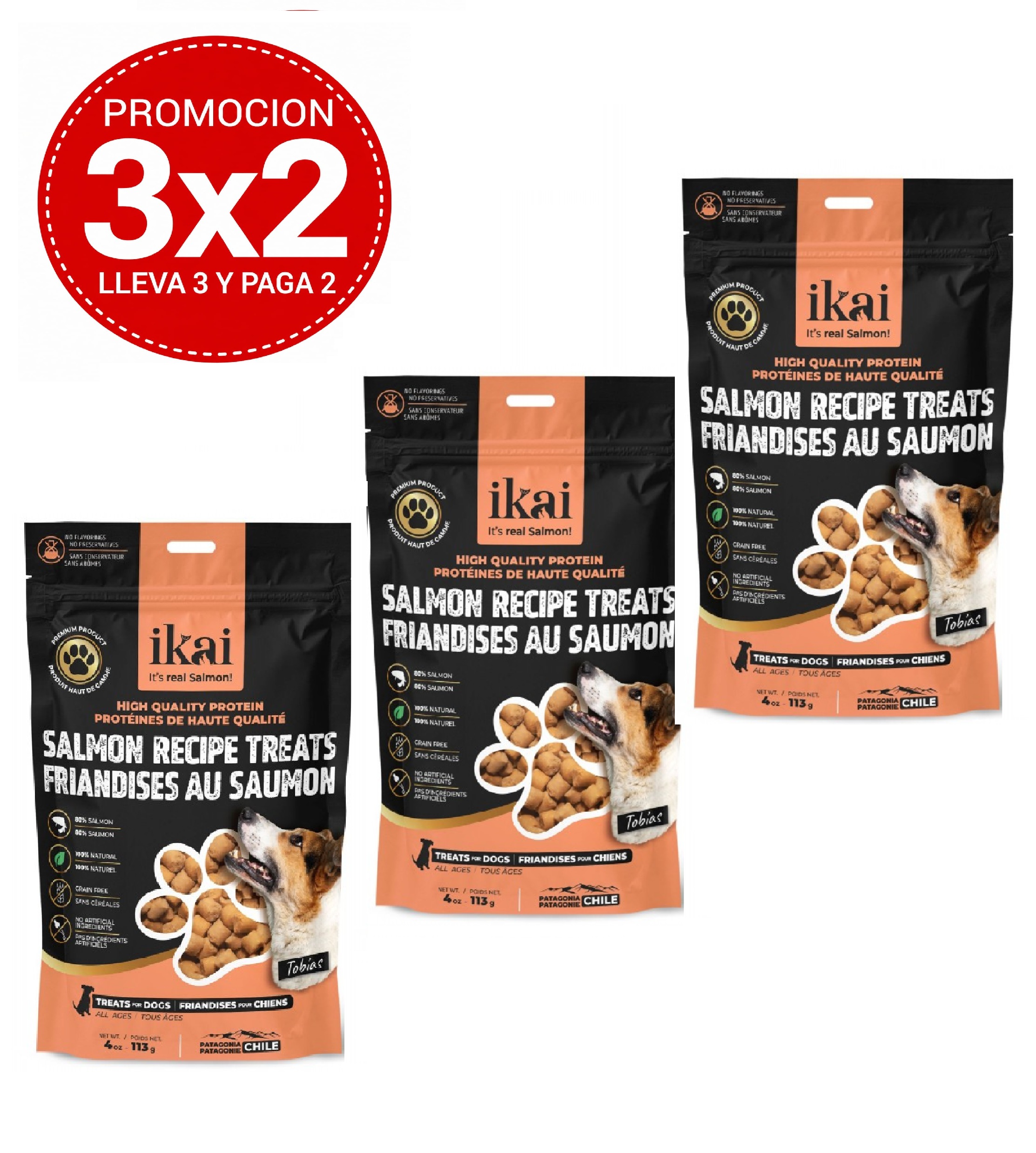 Pack 3x2 Ikai Snacks Horneados de Salmón Para Perro 113 Gr