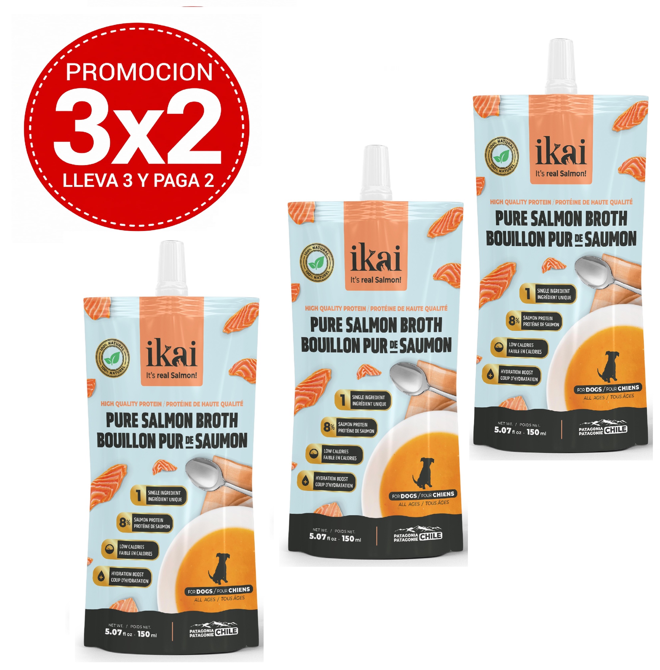 Pack 3x2 Ikai Caldo de Salmon Para Perros 150 Ml