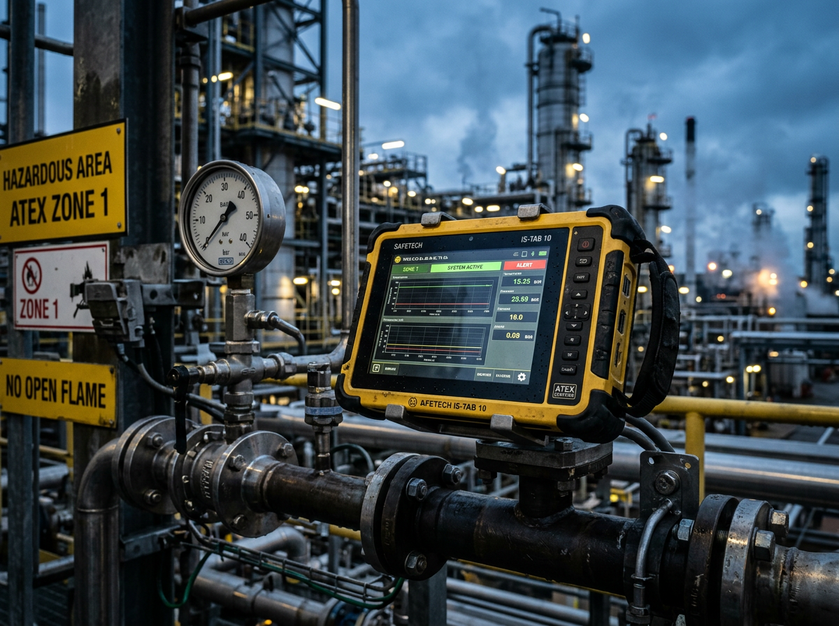 Tablet intrínsecamente segura certificada ATEX en zona industrial de riesgo explosivo