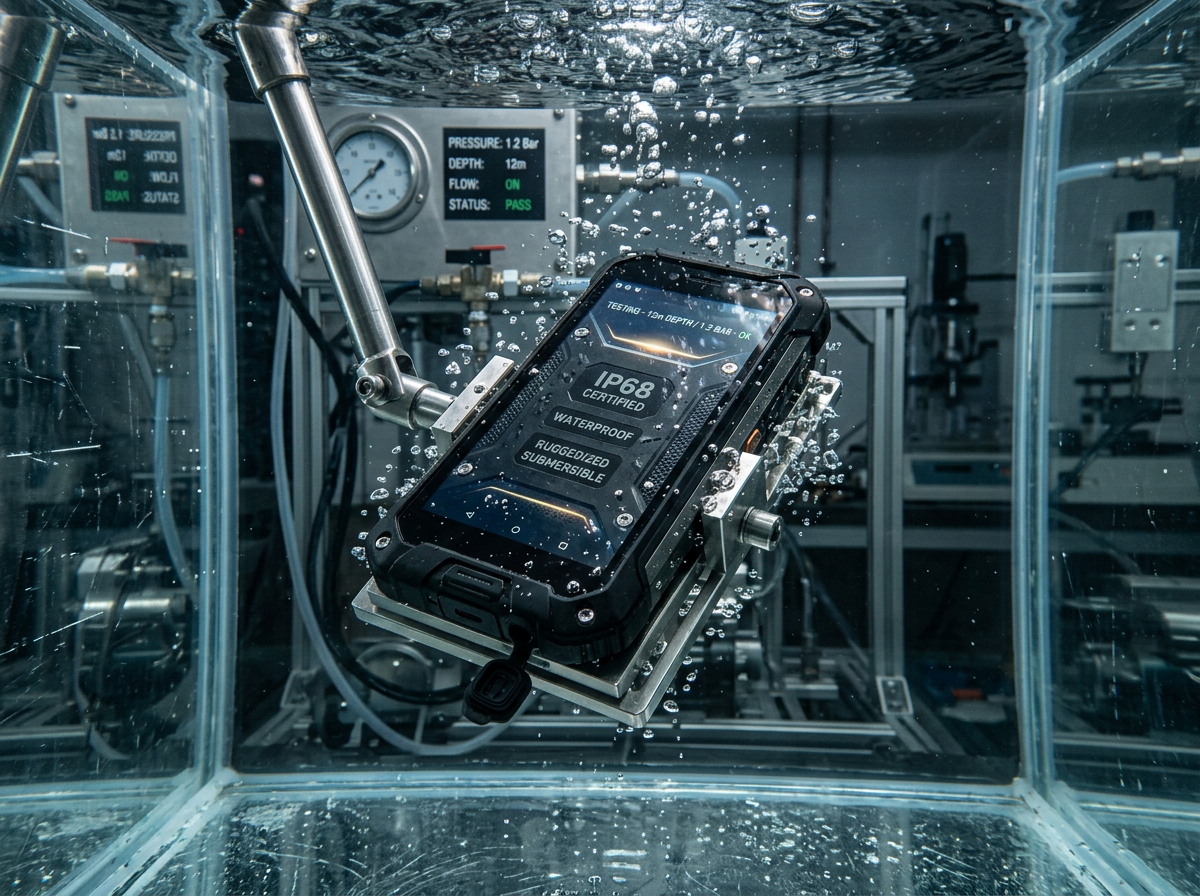 Dispositivo rugged IP68 siendo probado en condiciones extremas de inmersión en agua