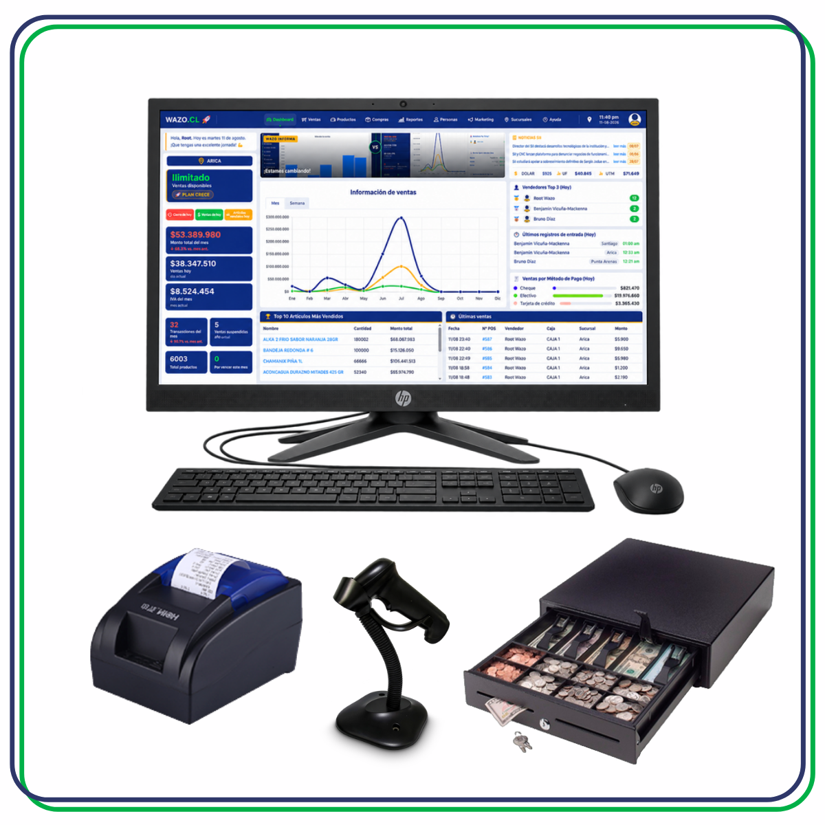 Kit punto de venta Wazo Retail POS 1 58 mm con computador todo en uno y lector de código de barras